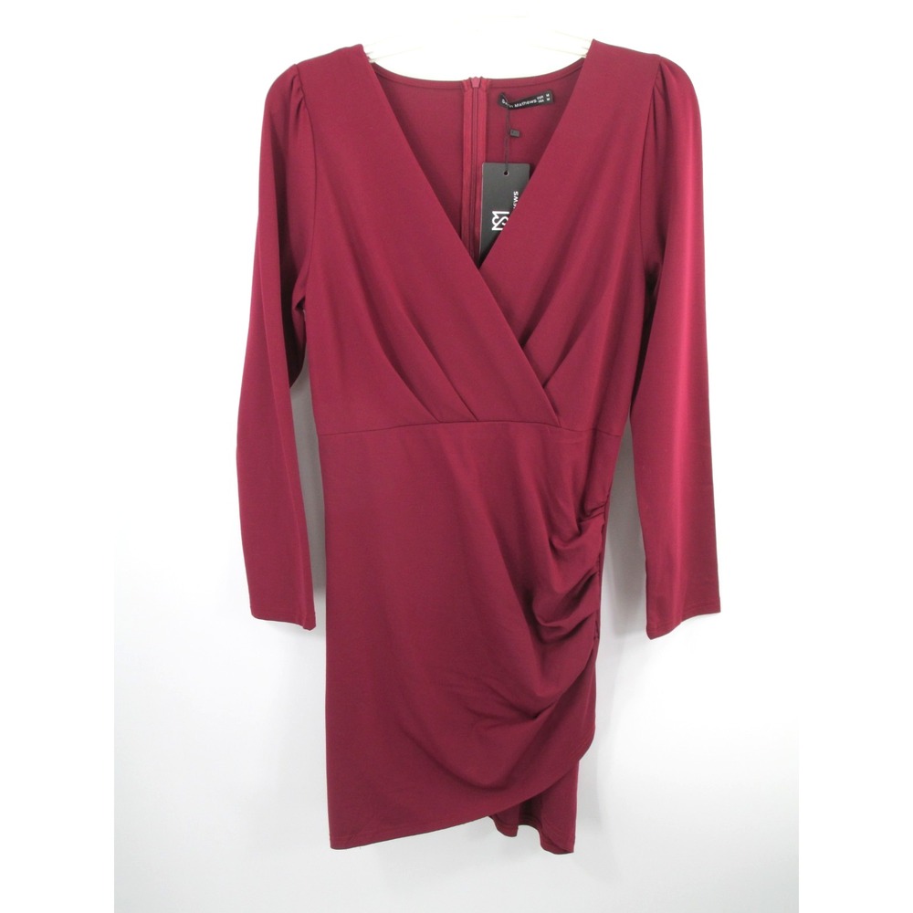 Sarin Mathews Burgundy Midi Bodycon Dress Womens XL V-Neck Ruched Long Sleeve